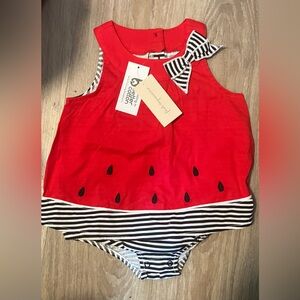 First Impressions Red and Black Striped Bow Romper